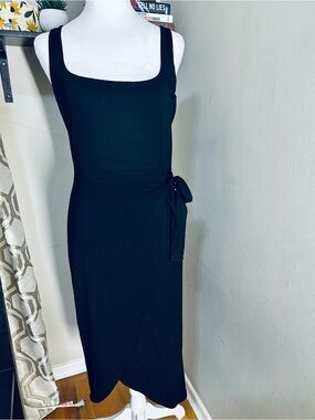 See You Monday Black Square Neck Wrap-Detail Midi Dress
